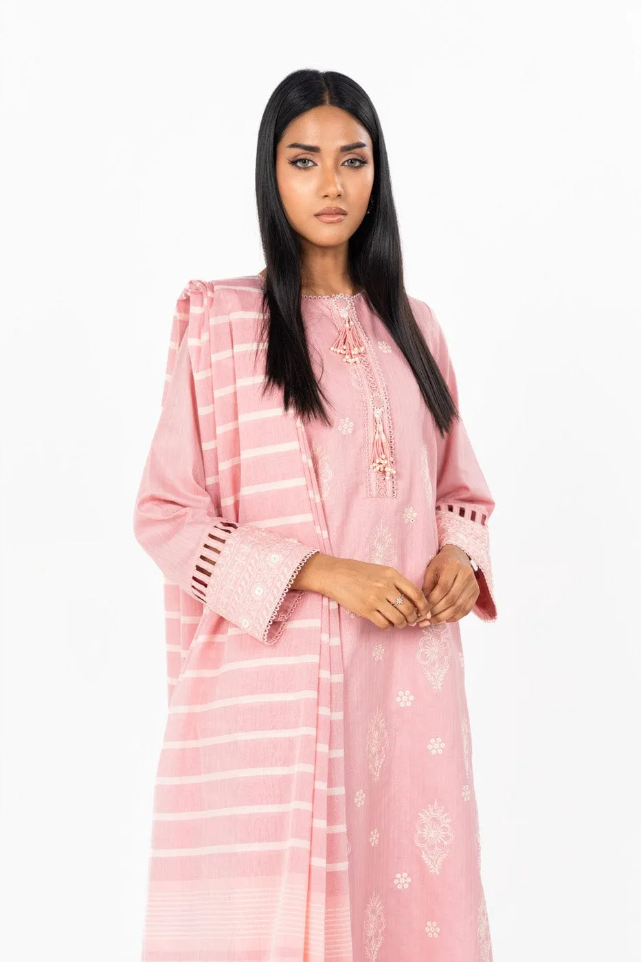 3 Pc Dyed Embroidered Dobby Suit With  Yarn Dyed Dupatta