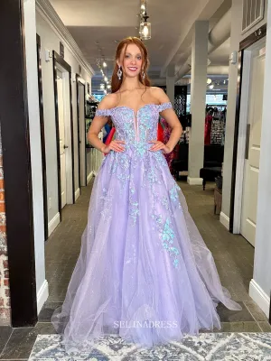A-line Off-the-shoulder Applique Lilac Prom Dress with Beading sew1067