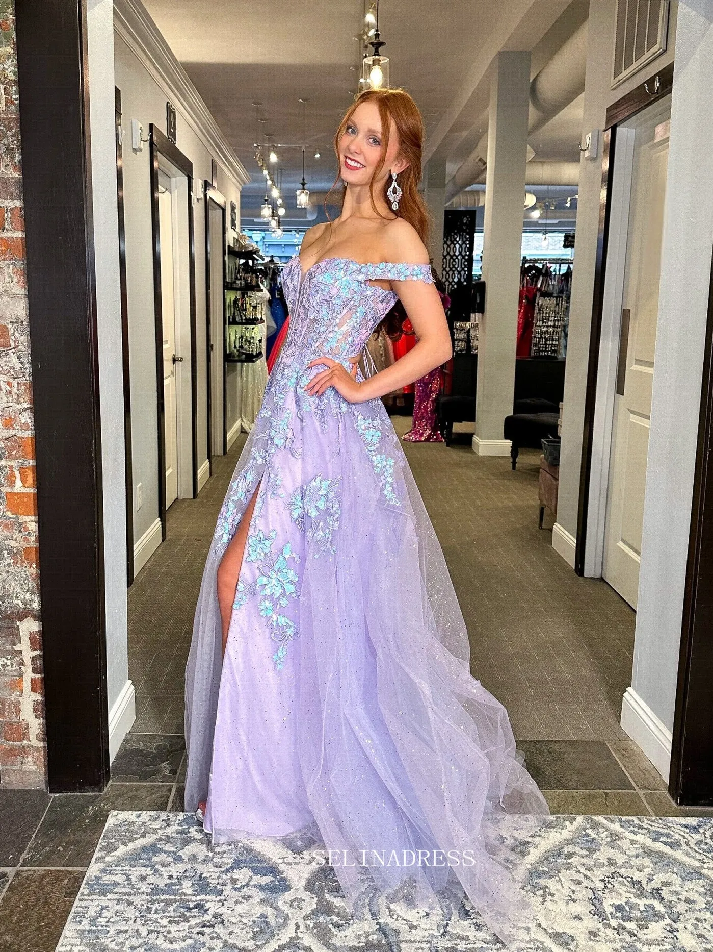 A-line Off-the-shoulder Applique Lilac Prom Dress with Beading sew1067