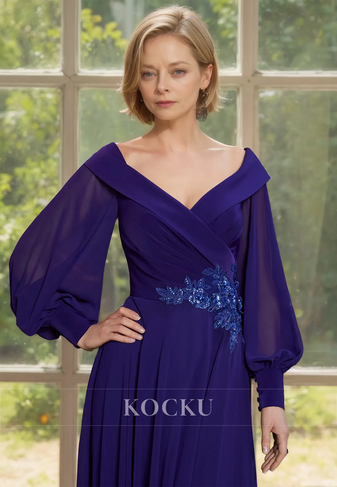 A-Line V-Neck Long Sleeves Appliques Pleated Lace Cocktail Dress with Beaded Mother of Bride