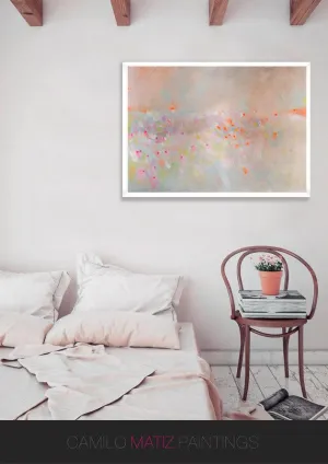 Abstract landscape painting, pastel colors art, pink, beige and orange landscape