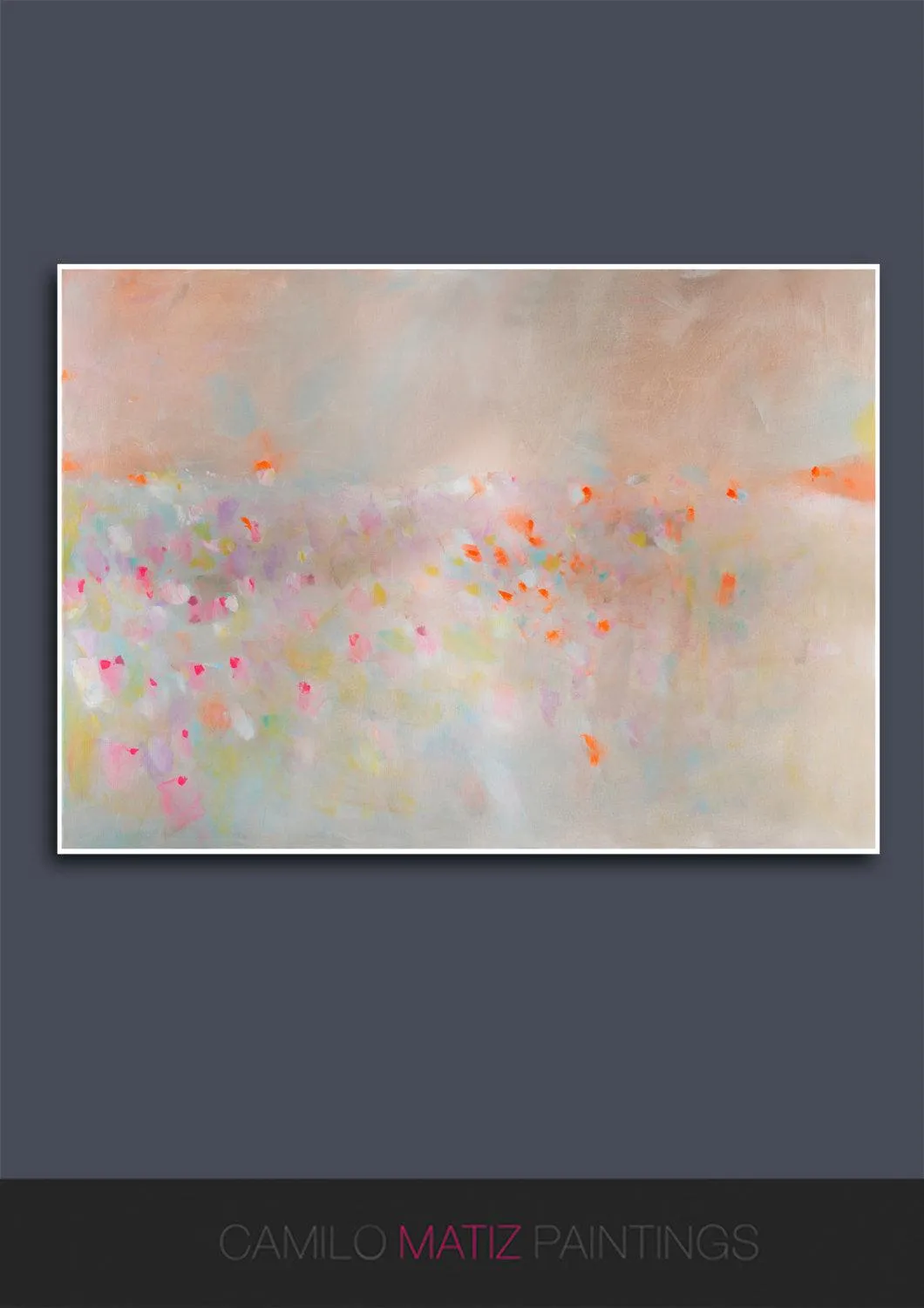 Abstract landscape painting, pastel colors art, pink, beige and orange landscape