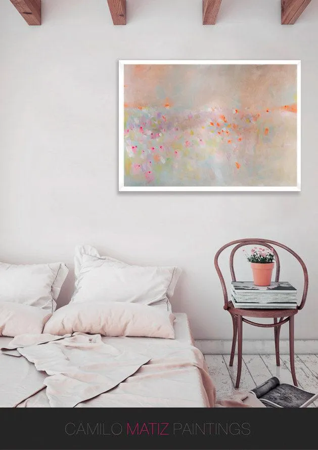Abstract landscape painting, pastel colors art, pink, beige and orange landscape