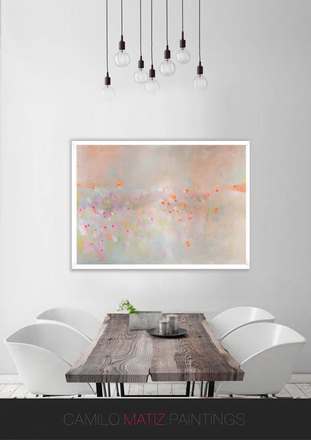 Abstract landscape painting, pastel colors art, pink, beige and orange landscape