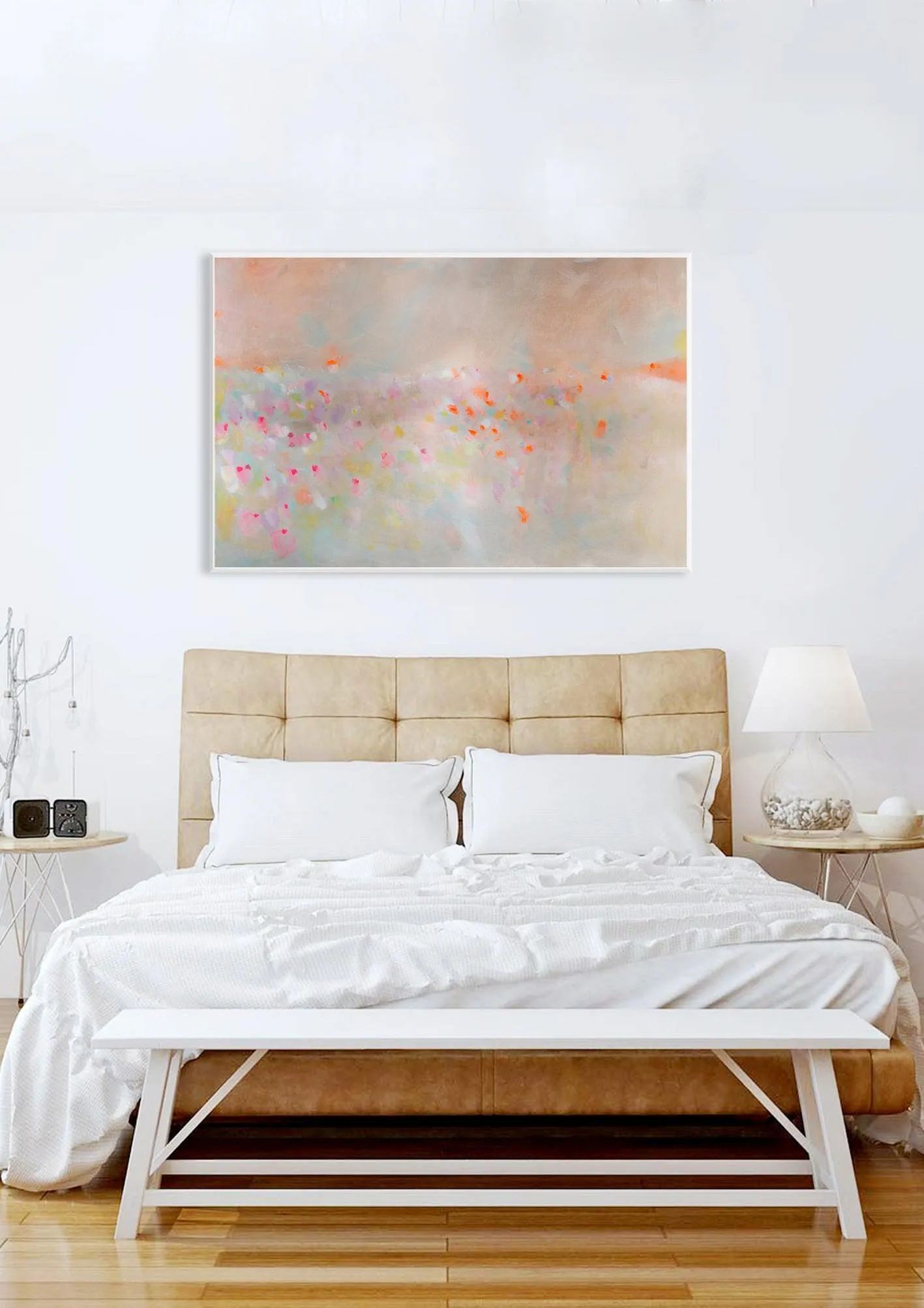 Abstract landscape painting, pastel colors art, pink, beige and orange landscape