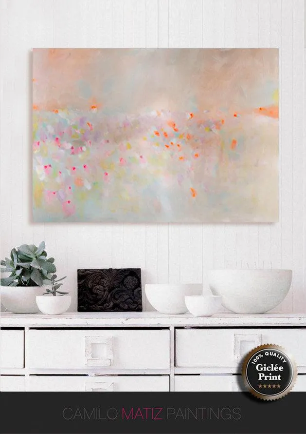 Abstract landscape painting, pastel colors art, pink, beige and orange landscape