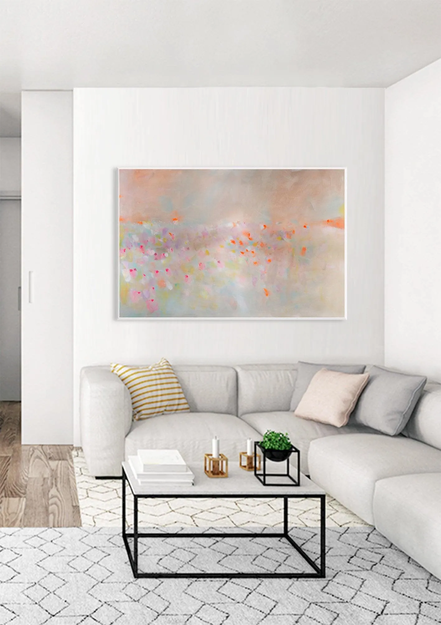 Abstract landscape painting, pastel colors art, pink, beige and orange landscape