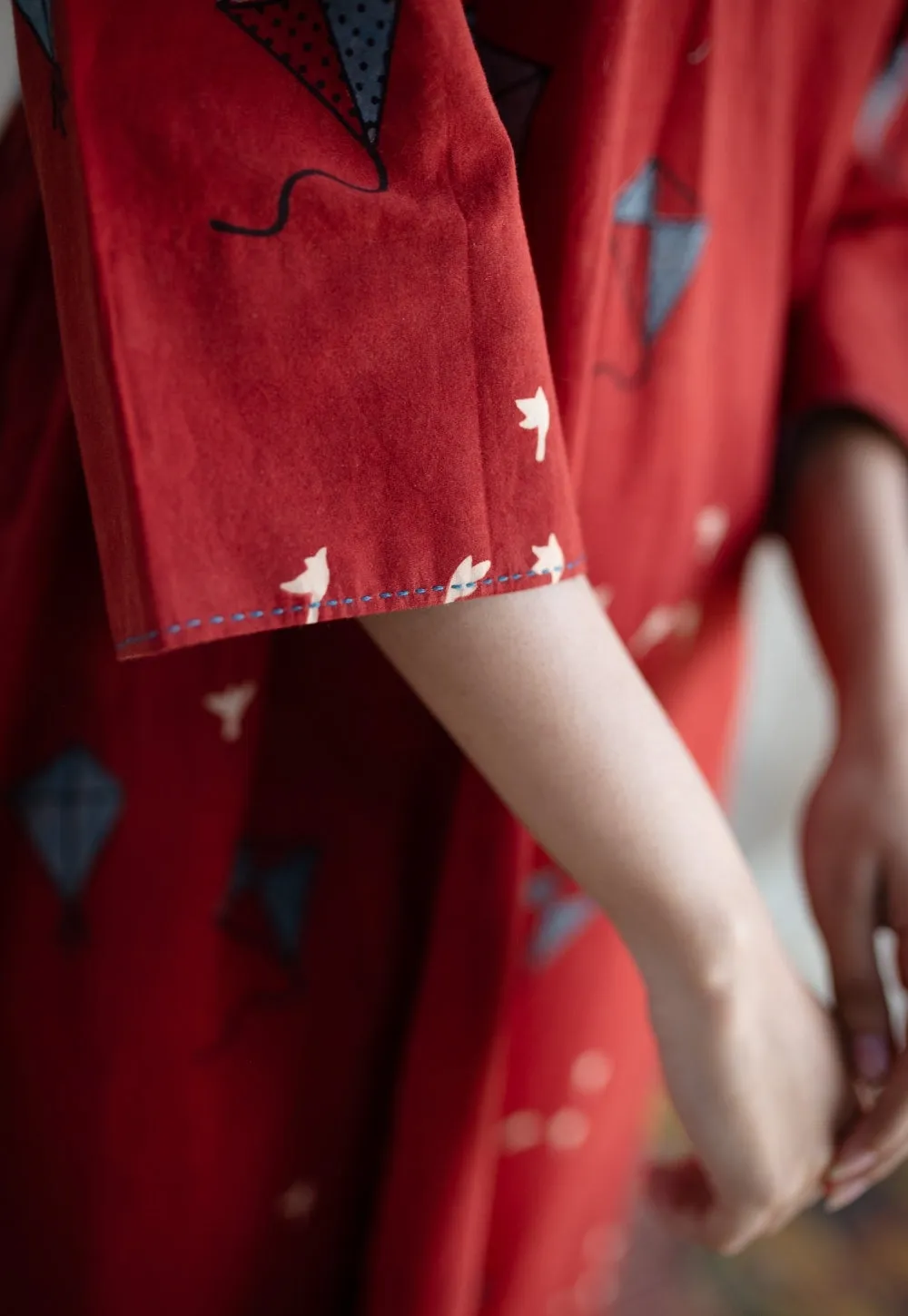 Amdavad Patang Ajrakh Red Cotton Hand Embroidered Dress