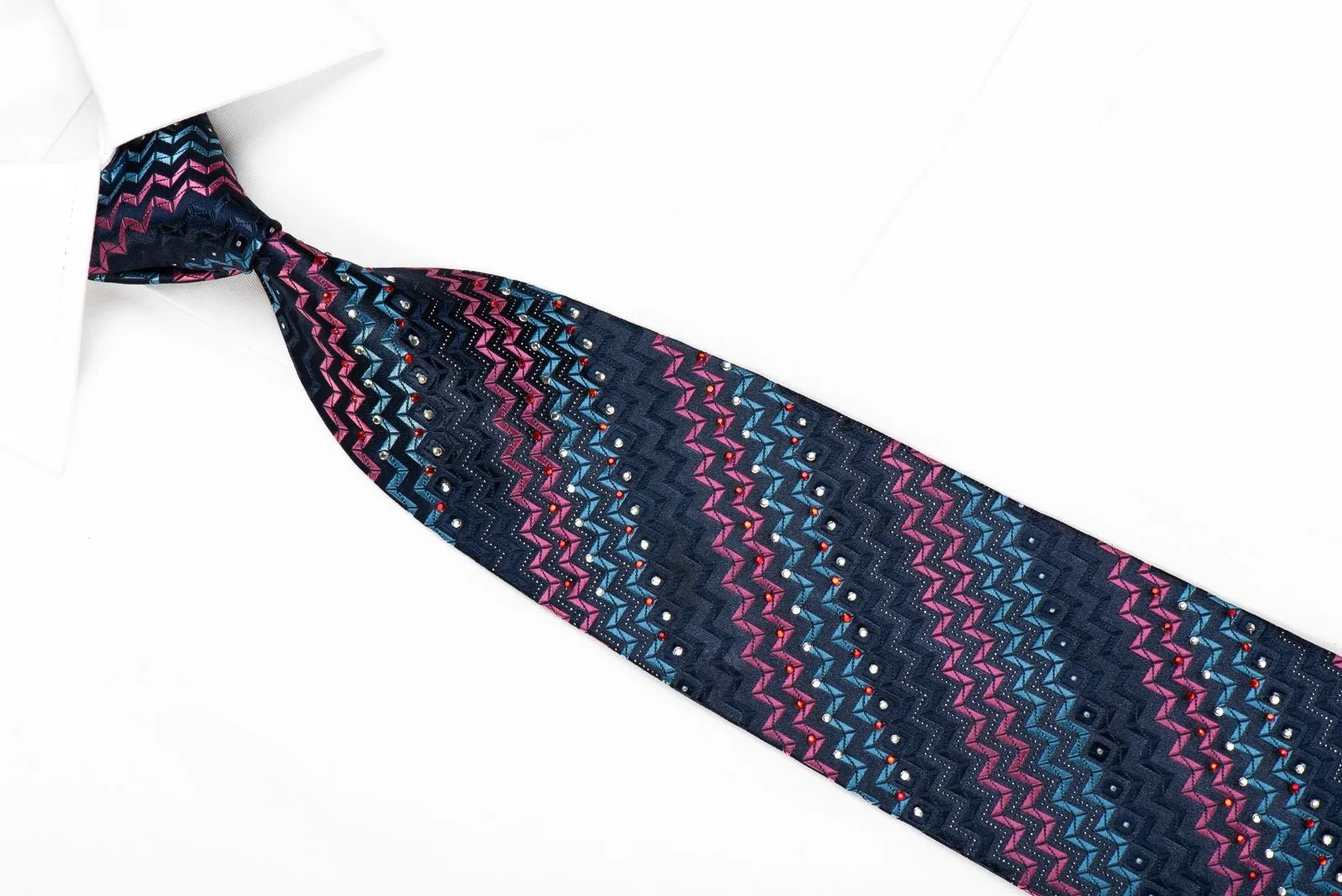 Armarichi Men's Crystal Silk Necktie Pink Blue Chevron Stripes On Navy With Silver Sparkles