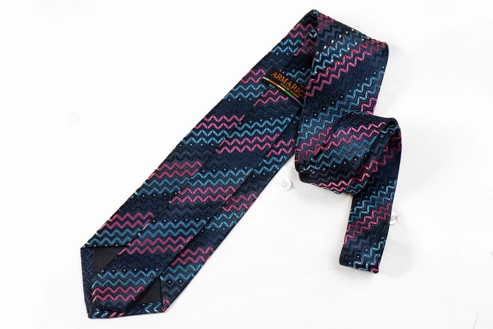 Armarichi Men's Crystal Silk Necktie Pink Blue Chevron Stripes On Navy With Silver Sparkles