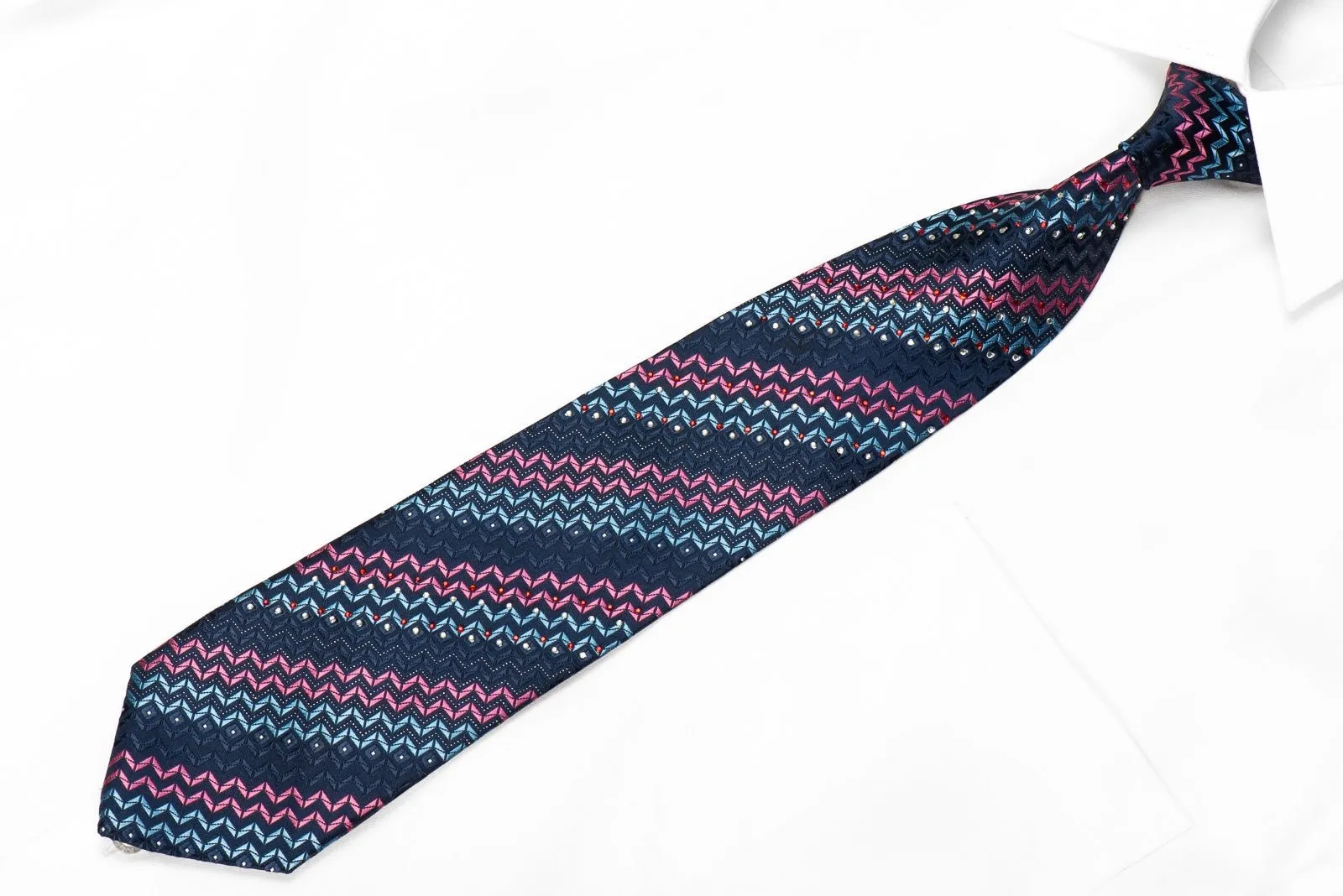 Armarichi Men's Crystal Silk Necktie Pink Blue Chevron Stripes On Navy With Silver Sparkles