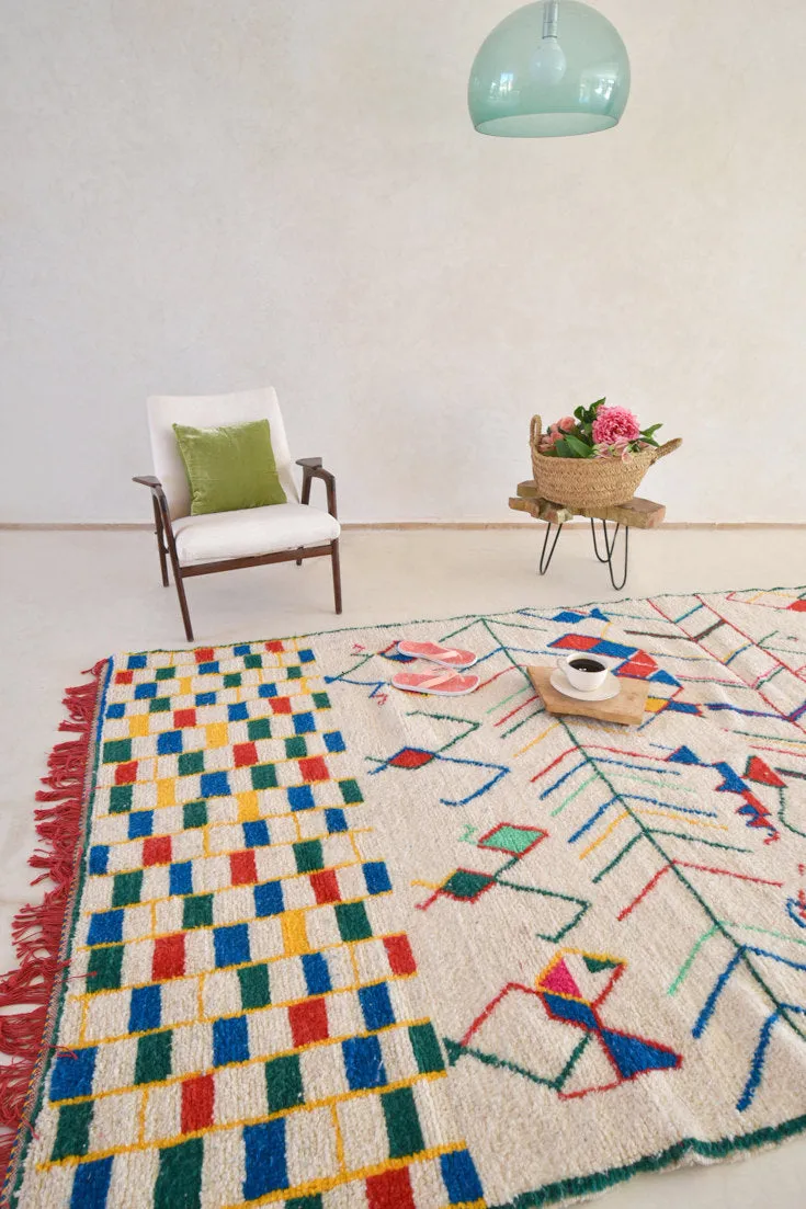 AZILAL. 9'3''x6'2''Vintage Moroccan Rug. Wool Boucherouite Carpet. Modern Design.