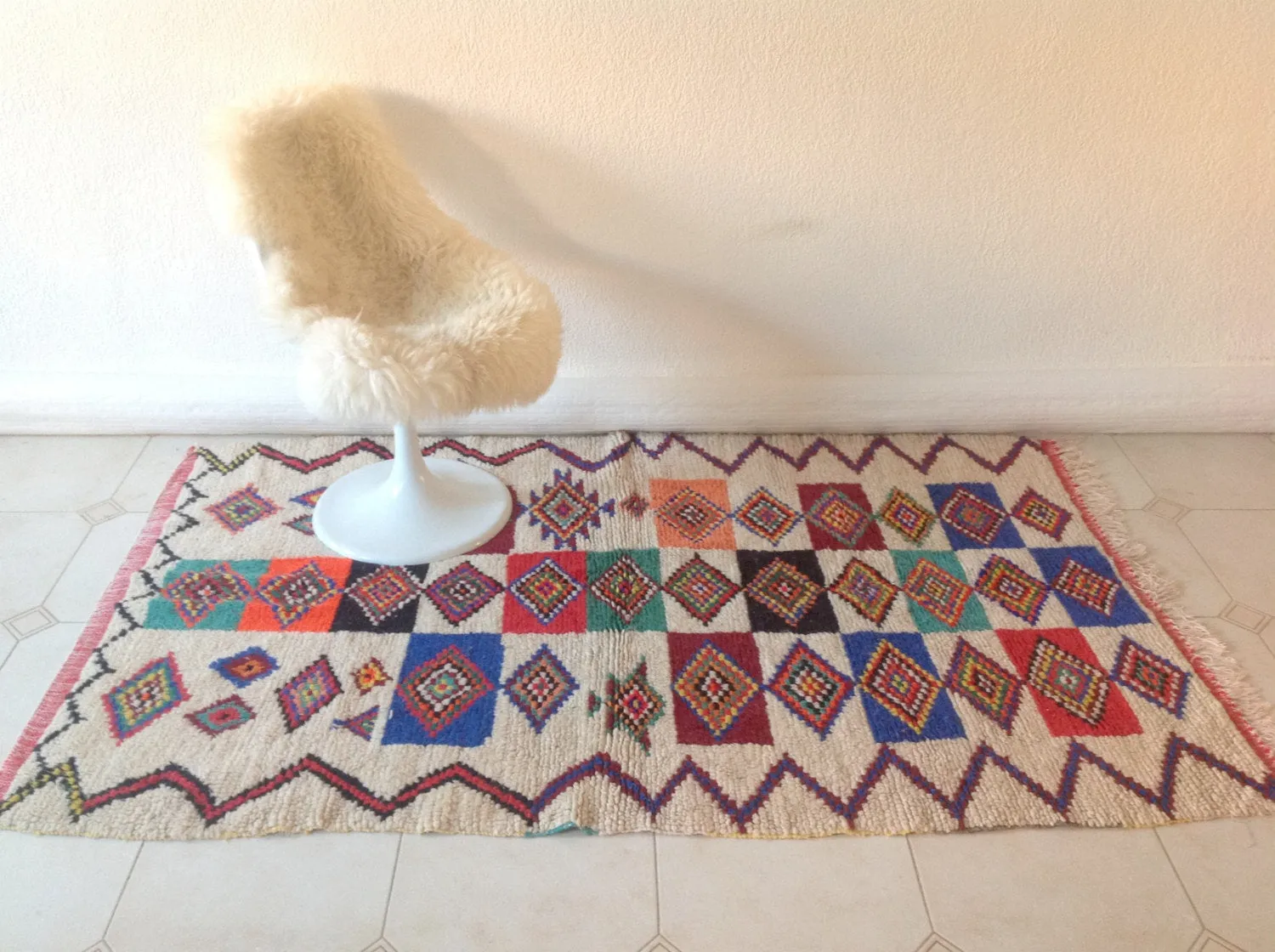 AZILAL. Vintage Moroccan Rug. Wool Boucherouite Carpet. Modern Design.