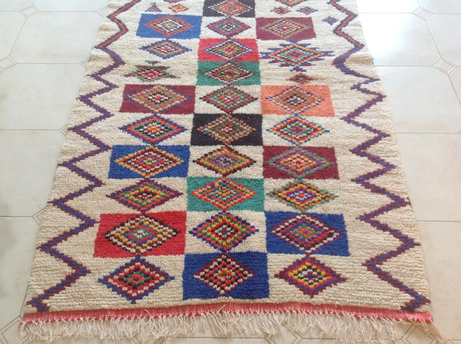 AZILAL. Vintage Moroccan Rug. Wool Boucherouite Carpet. Modern Design.