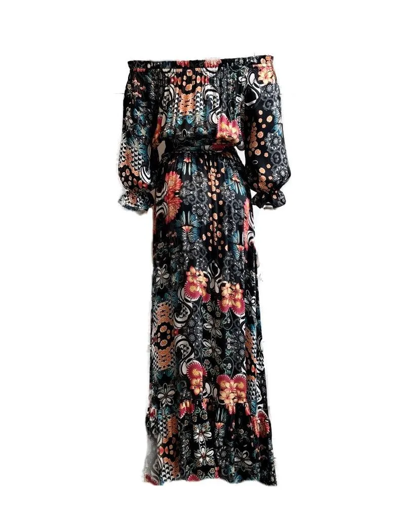 Beautiful 100% Silk Charmeuse Italian Ruffle Two-Ways Cold Shoulder Maxi Dress Coral & Turq on blackUK Size 8-12 by I LOVE LOLA London