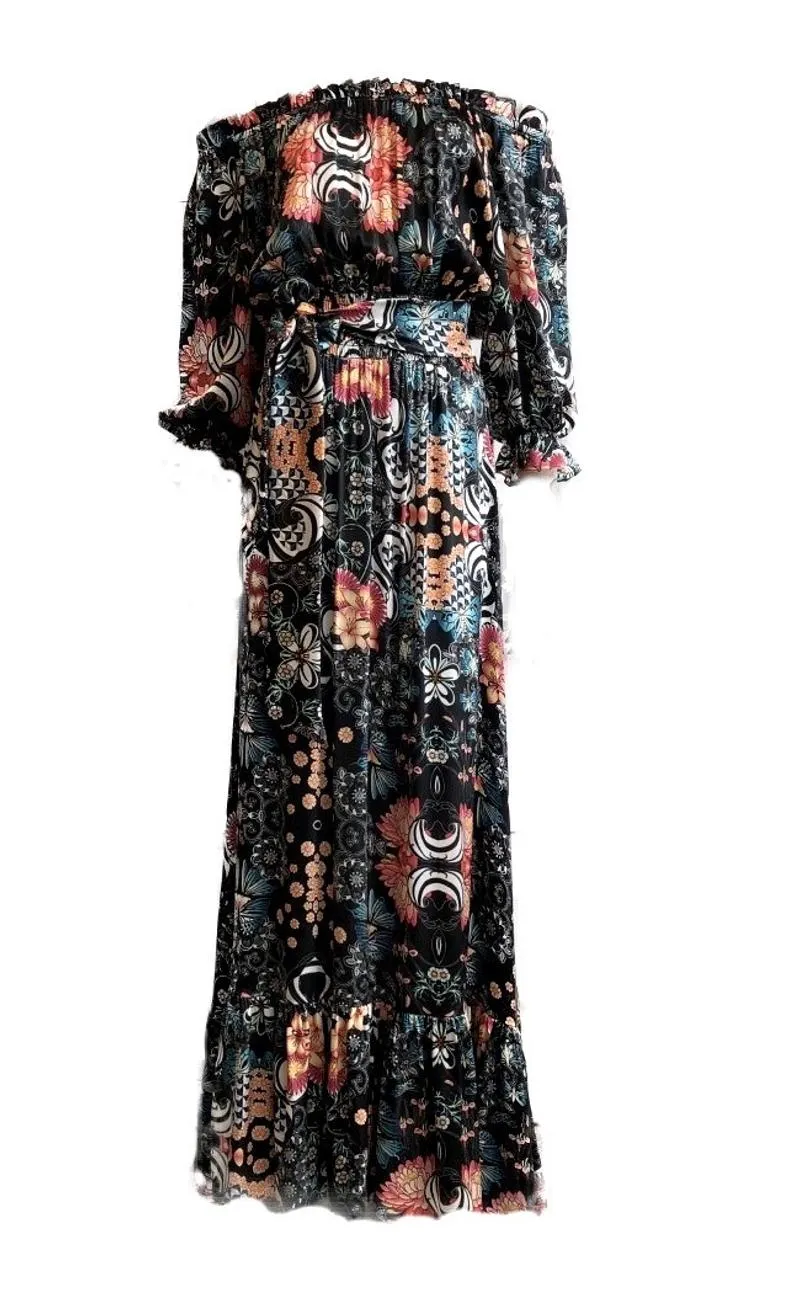 Beautiful 100% Silk Charmeuse Italian Ruffle Two-Ways Cold Shoulder Maxi Dress Coral & Turq on blackUK Size 8-12 by I LOVE LOLA London