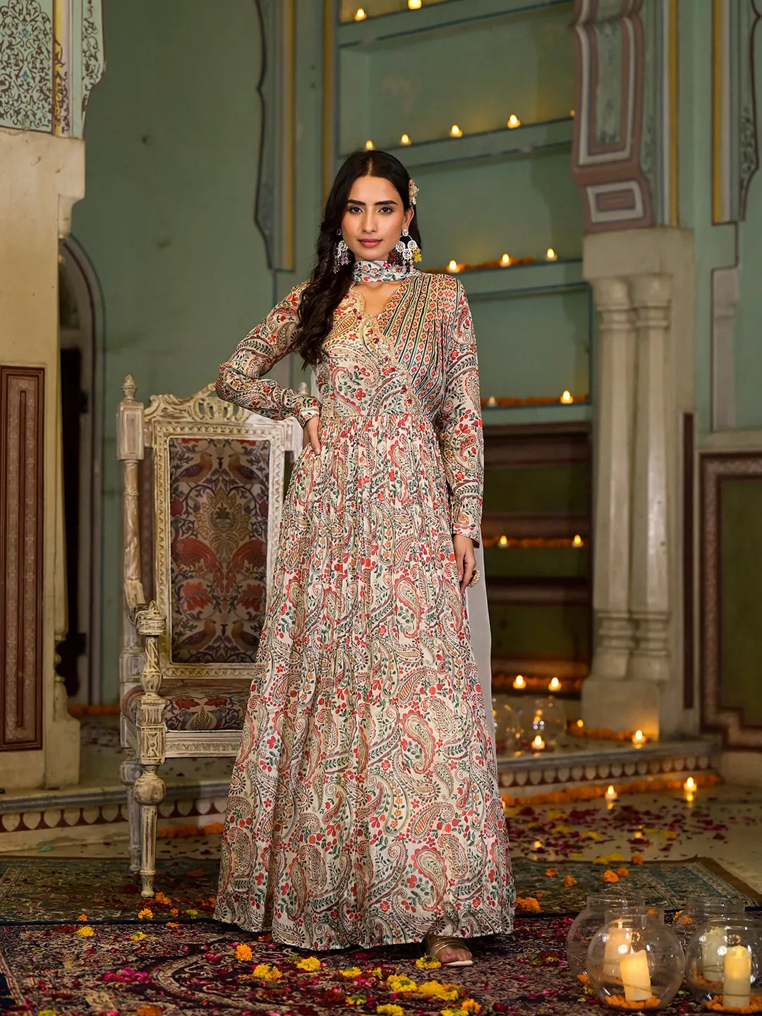 Beige Digital Print Chinon Fabric Gota Work Party Dress With Organza Dupatta