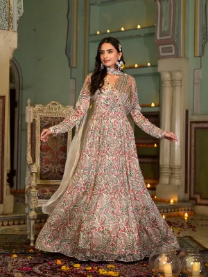 Beige Digital Print Chinon Fabric Gota Work Party Dress With Organza Dupatta