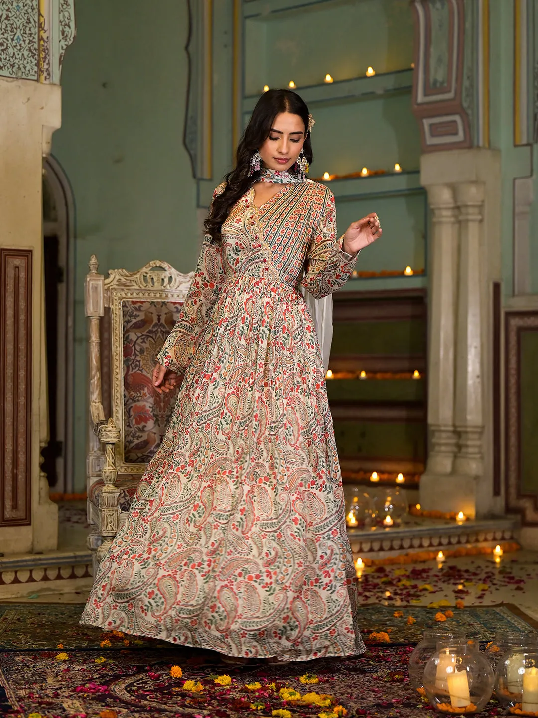 Beige Digital Print Chinon Fabric Gota Work Party Dress With Organza Dupatta