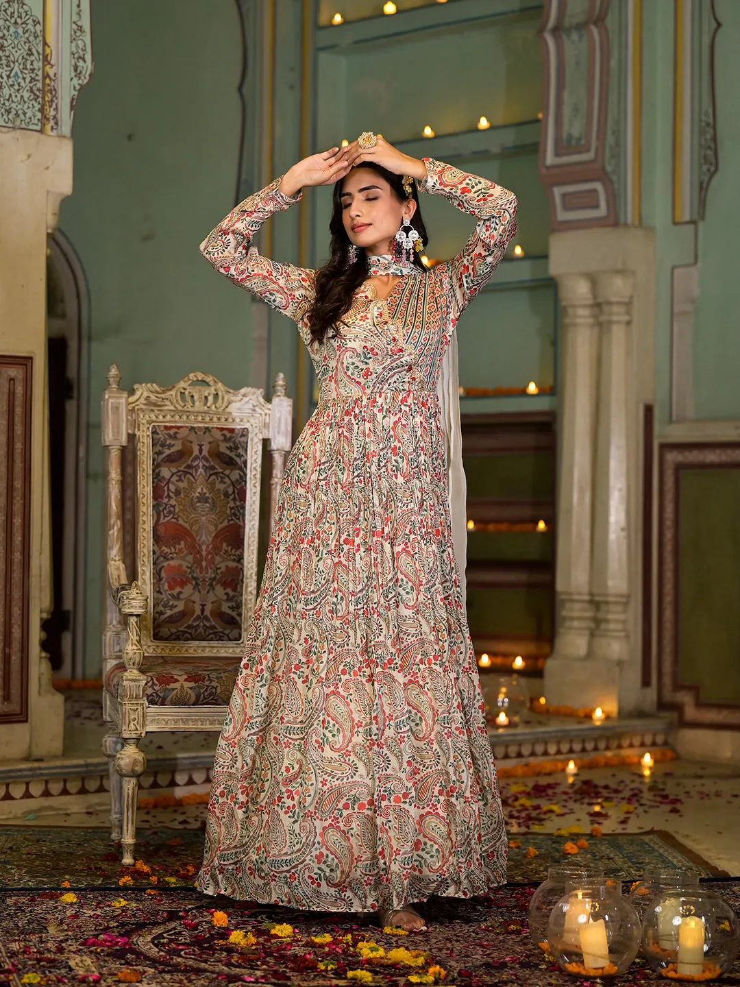 Beige Digital Print Chinon Fabric Gota Work Party Dress With Organza Dupatta