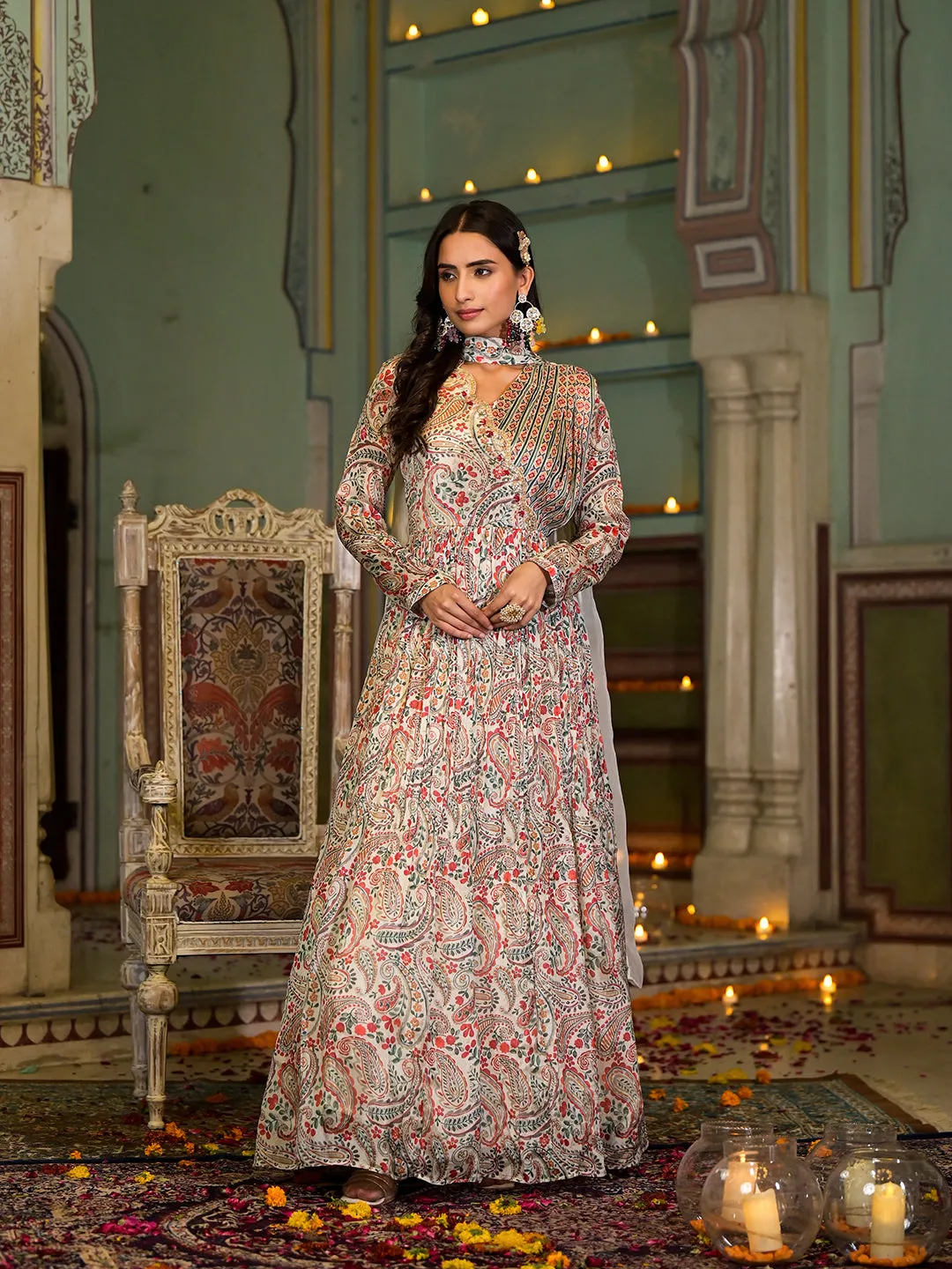 Beige Digital Print Chinon Fabric Gota Work Party Dress With Organza Dupatta