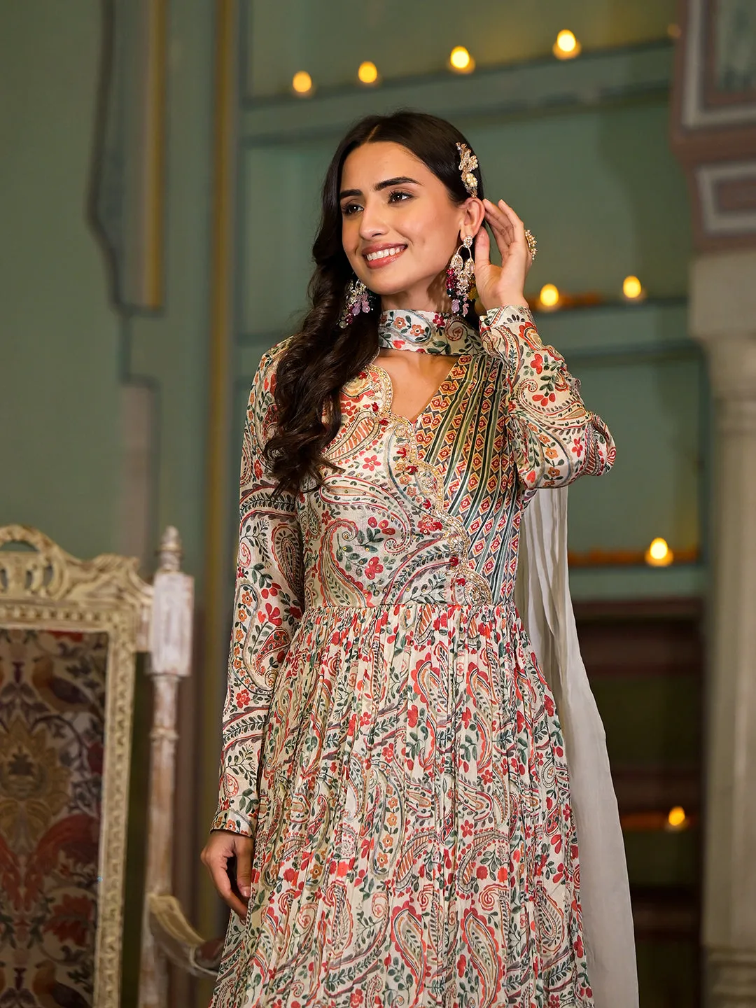 Beige Digital Print Chinon Fabric Gota Work Party Dress With Organza Dupatta