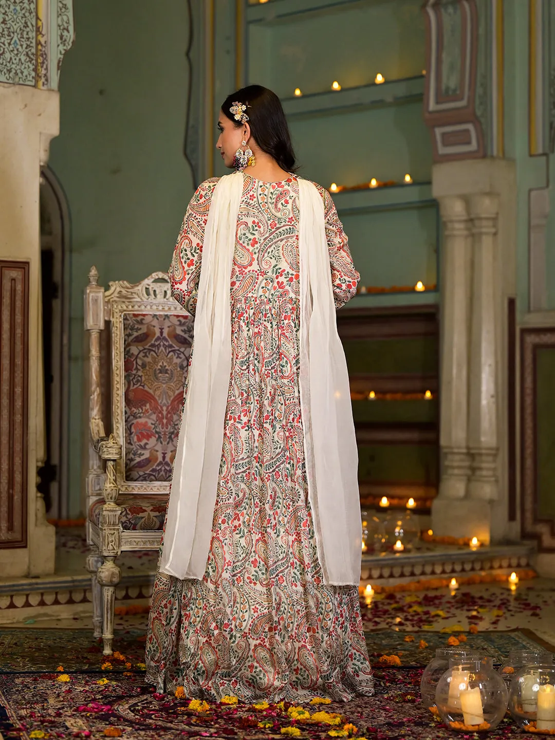 Beige Digital Print Chinon Fabric Gota Work Party Dress With Organza Dupatta