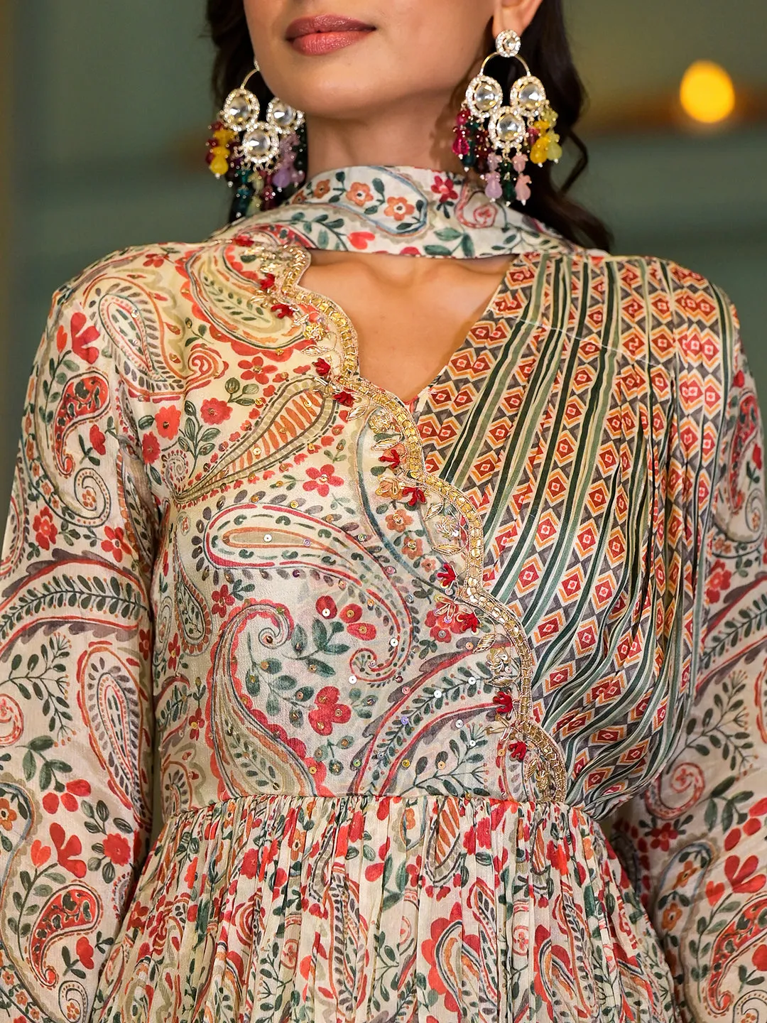 Beige Digital Print Chinon Fabric Gota Work Party Dress With Organza Dupatta