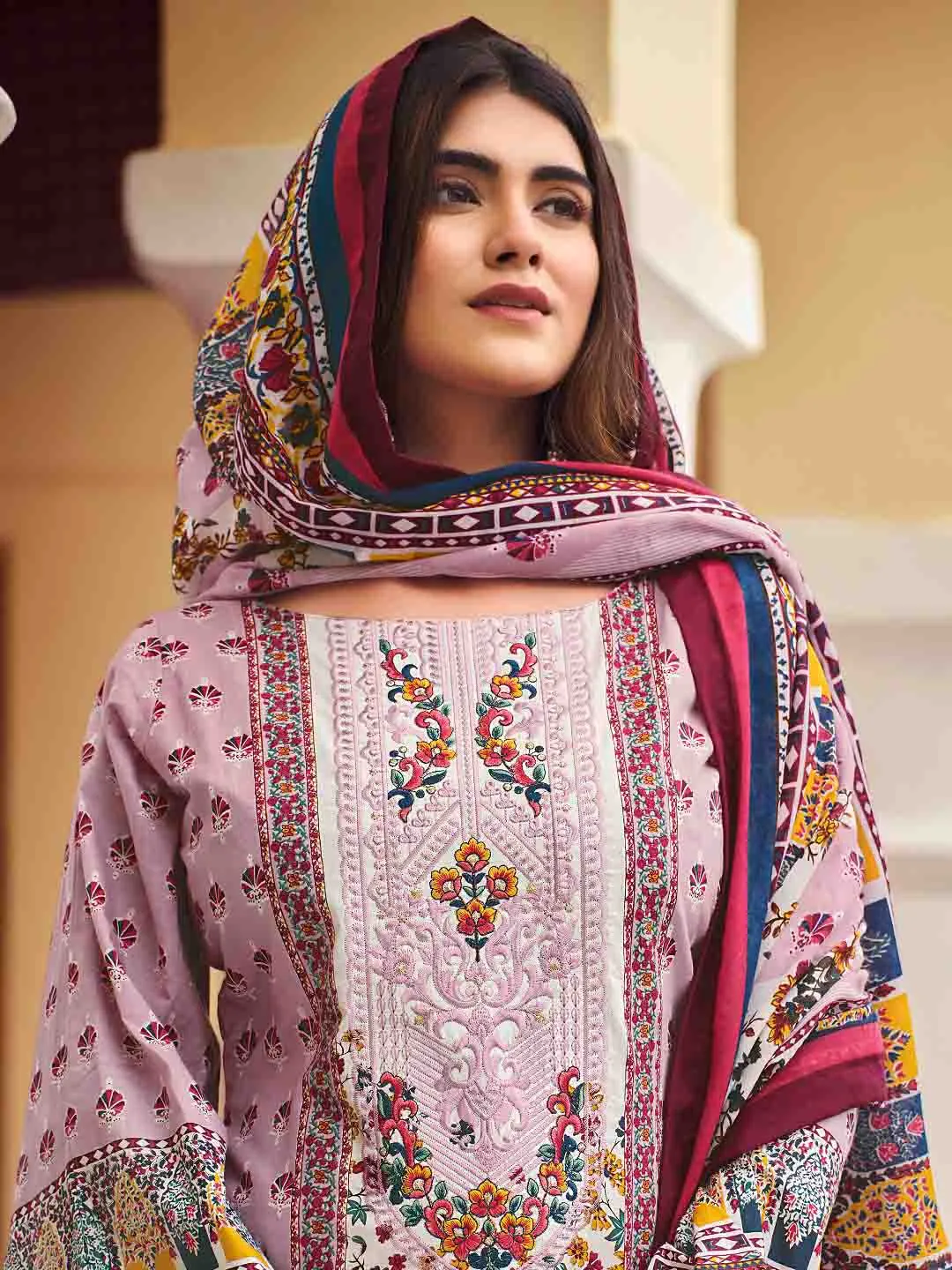 Belliza Pakistani Print Pink Unstitched Women Cotton Suit Material
