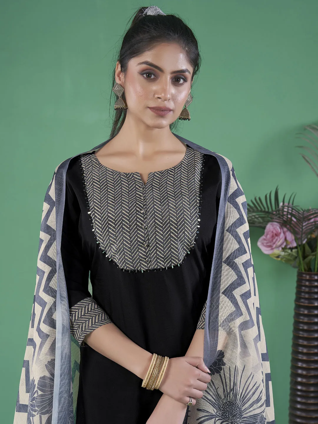 Black Designer Readymade Pant Suit With Printed Embroidery Work
