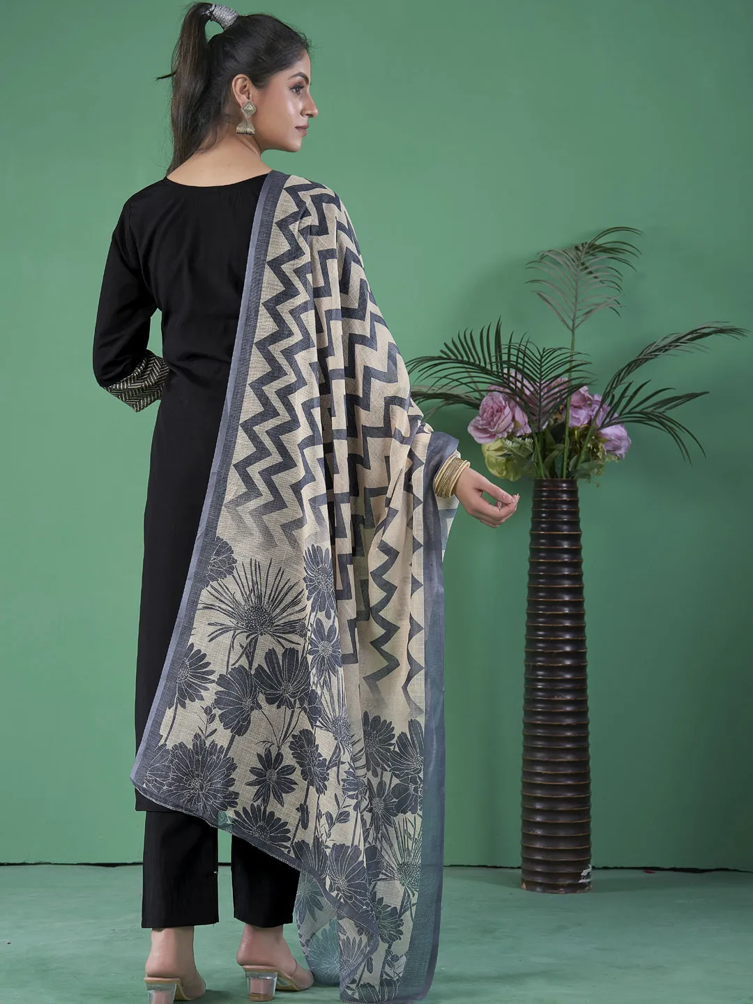 Black Designer Readymade Pant Suit With Printed Embroidery Work