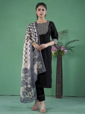 Black Designer Readymade Pant Suit With Printed Embroidery Work