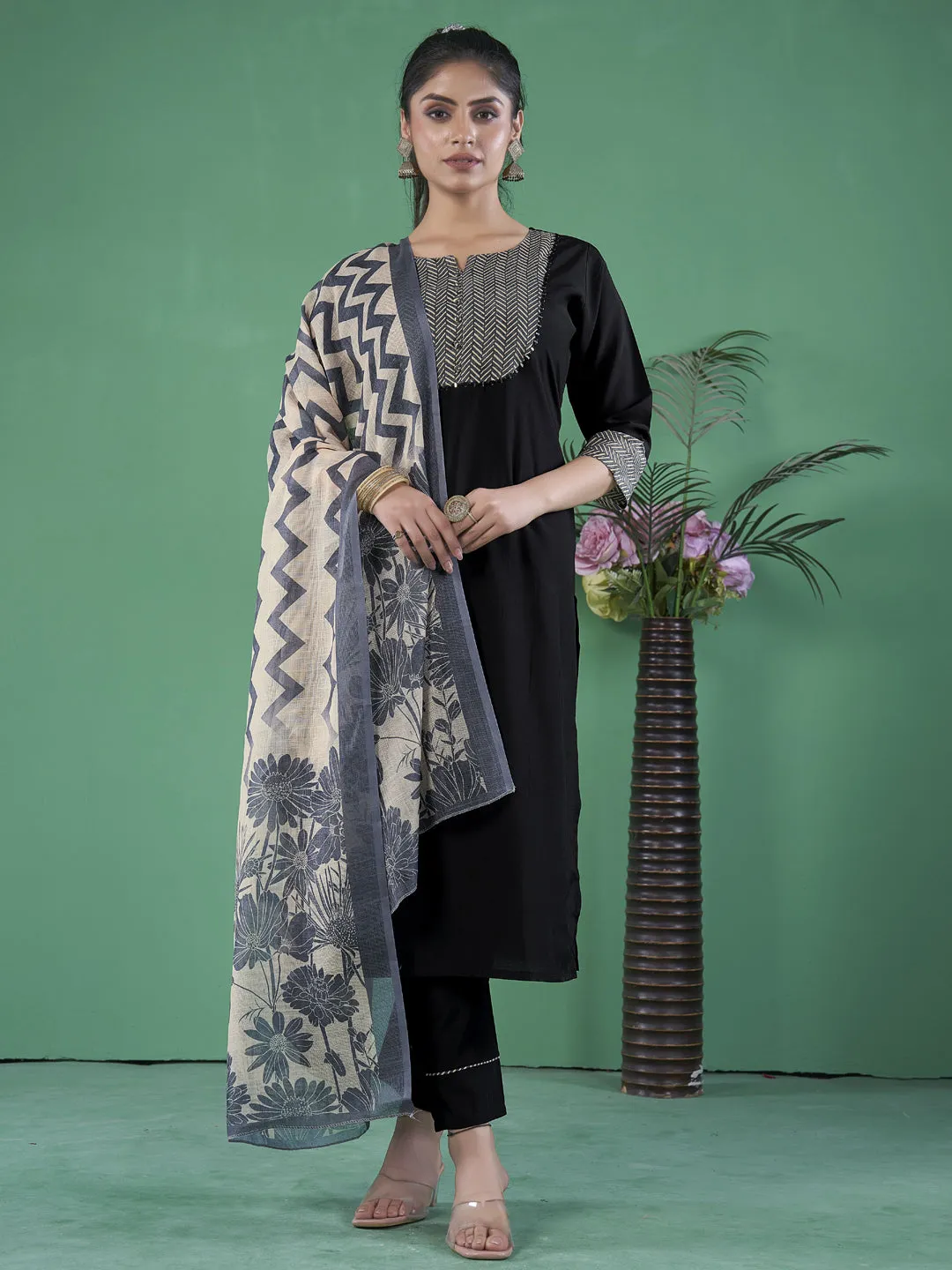 Black Designer Readymade Pant Suit With Printed Embroidery Work