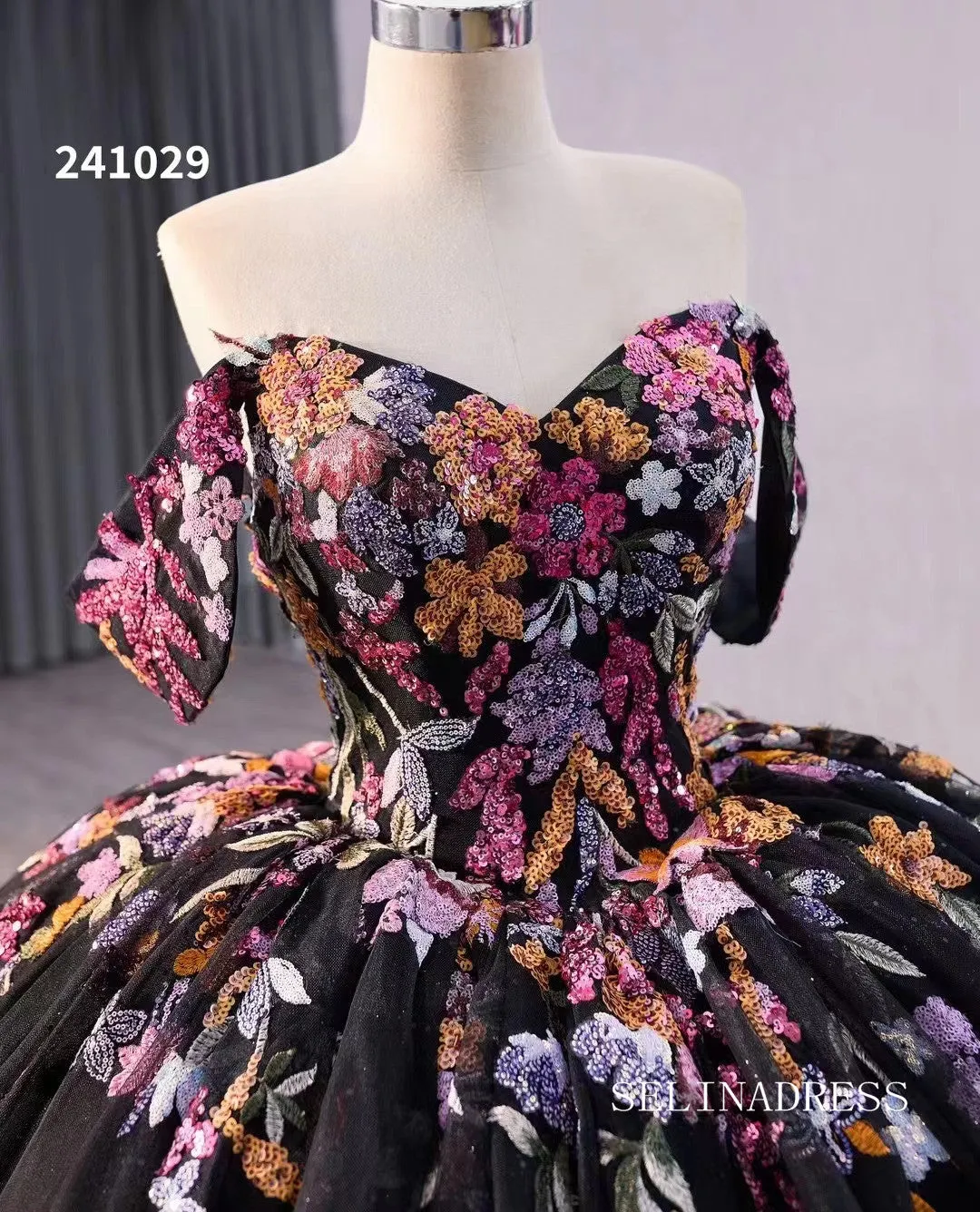 Black Floral Wedding Dress Off the Shoulder Quinceanera Dress 241029