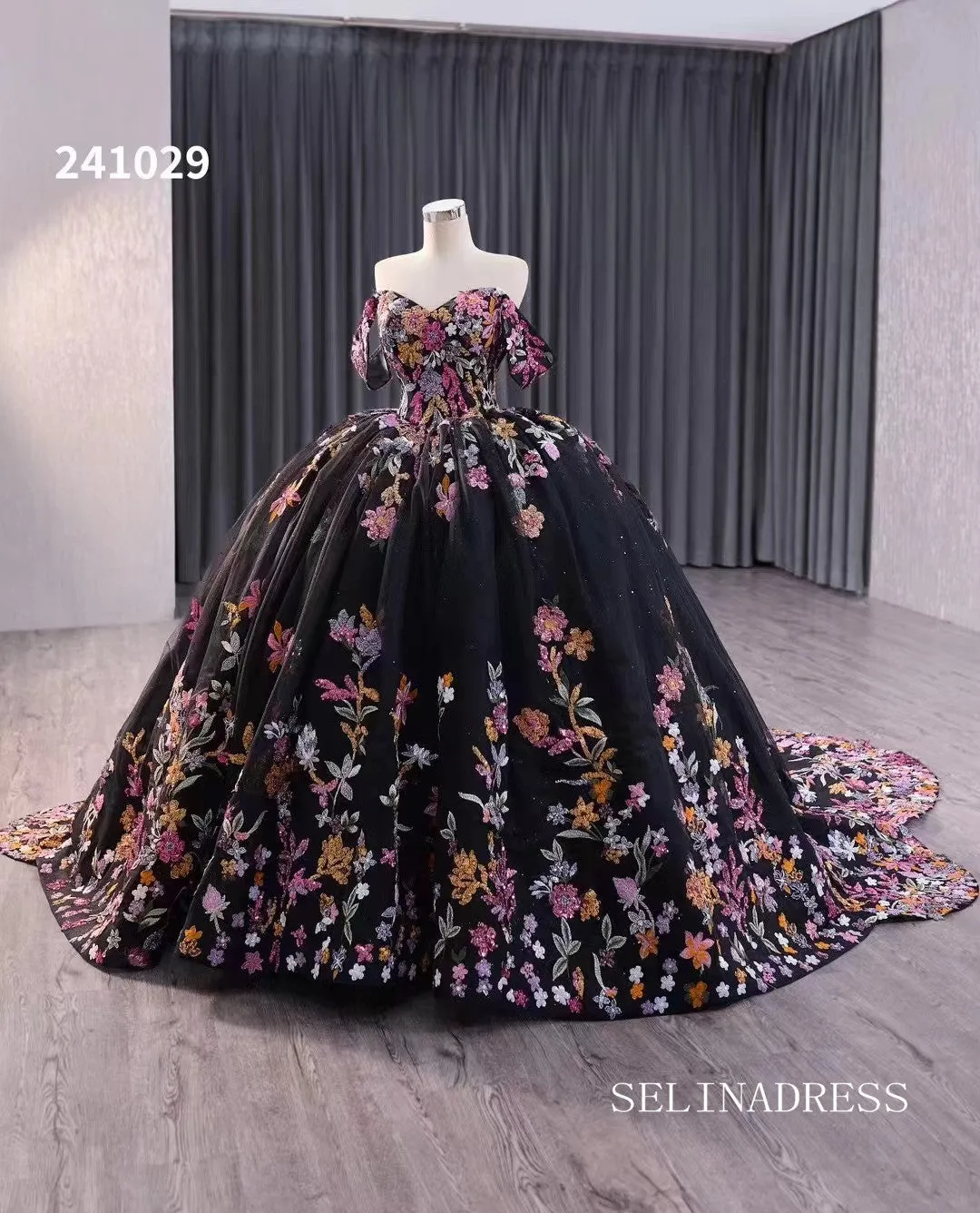 Black Floral Wedding Dress Off the Shoulder Quinceanera Dress 241029