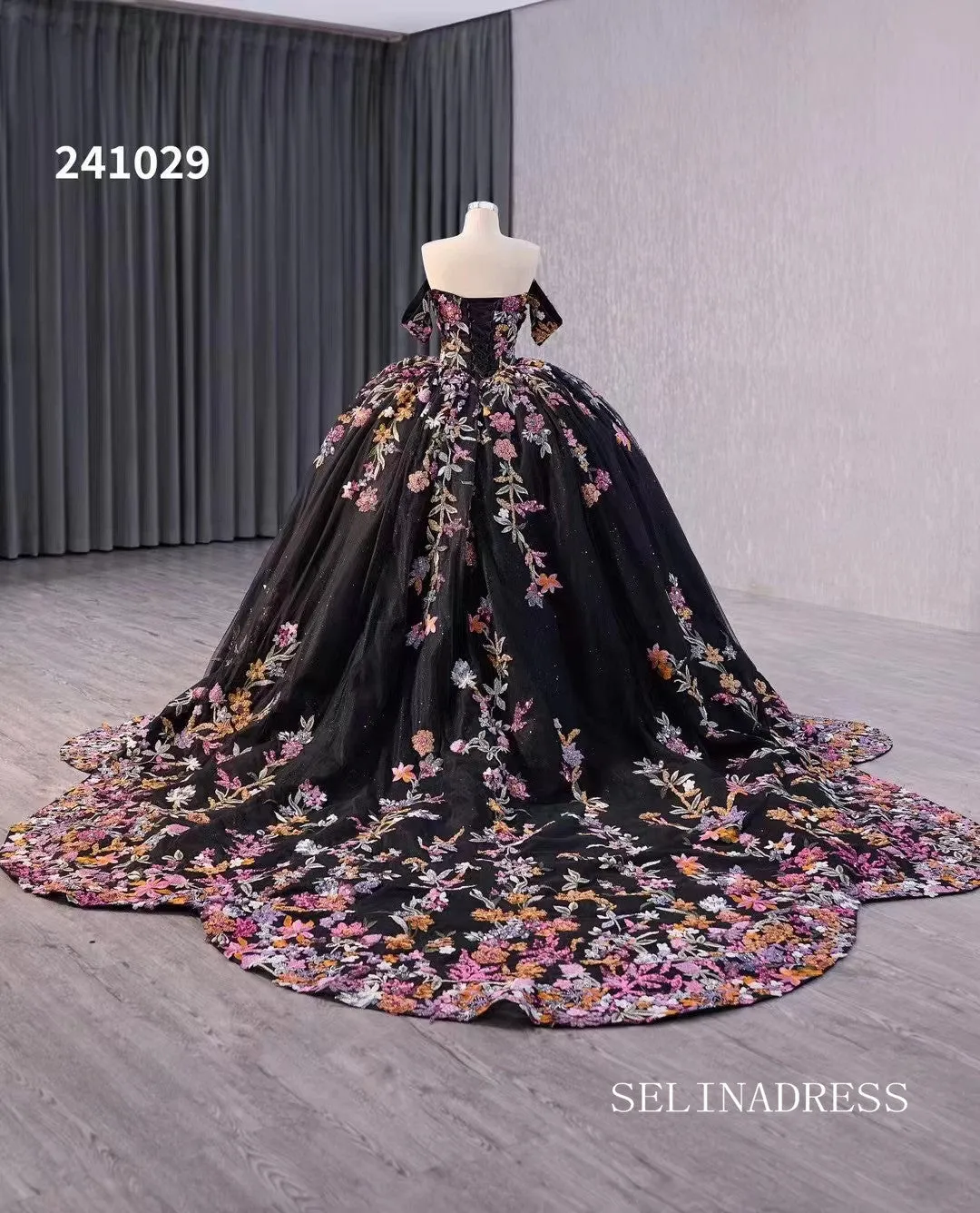 Black Floral Wedding Dress Off the Shoulder Quinceanera Dress 241029