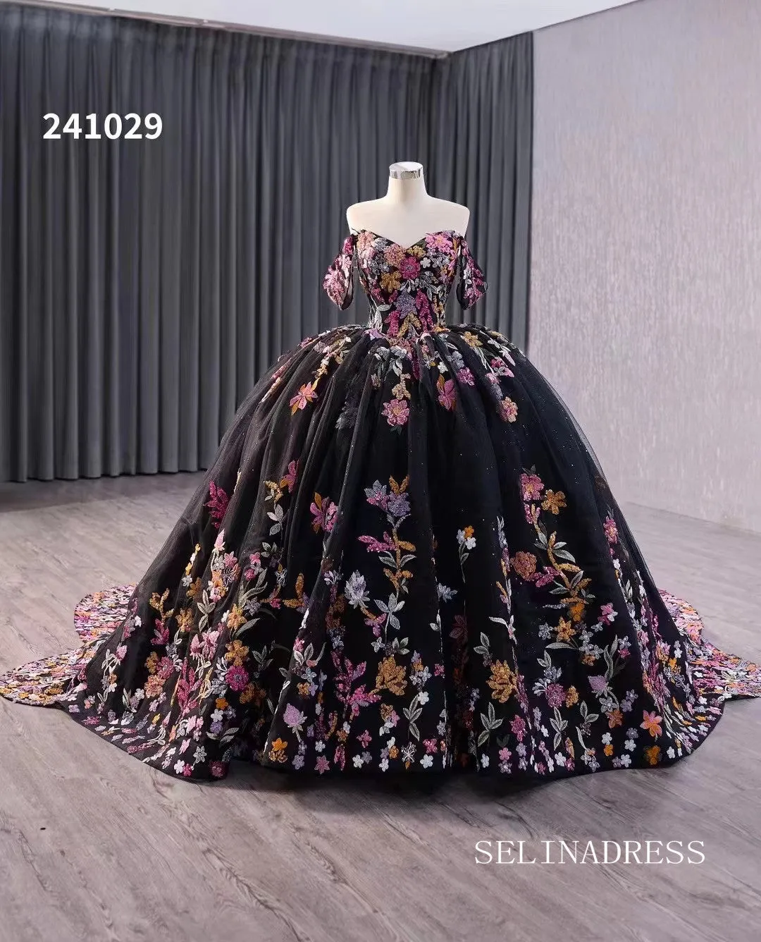 Black Floral Wedding Dress Off the Shoulder Quinceanera Dress 241029