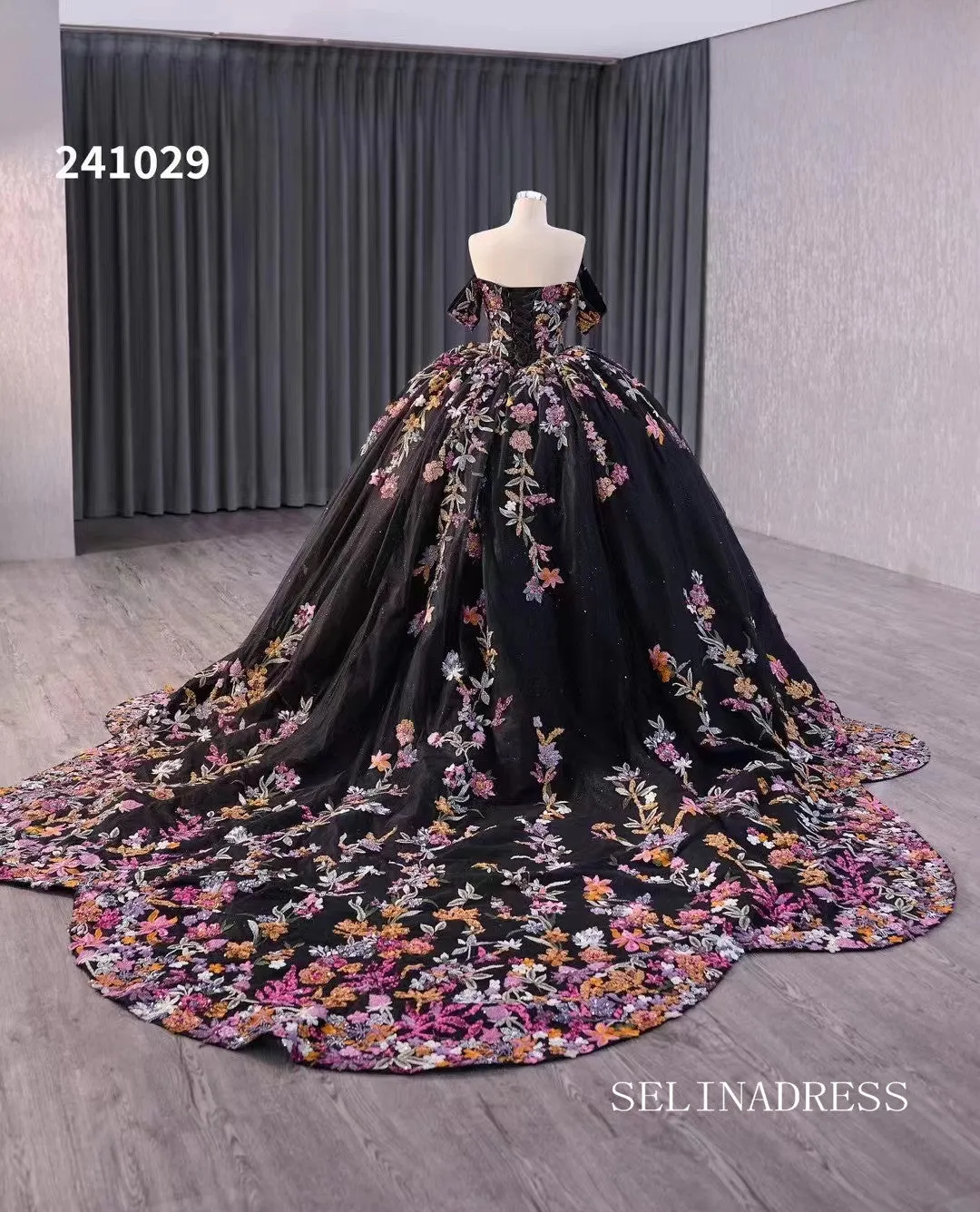 Black Floral Wedding Dress Off the Shoulder Quinceanera Dress 241029