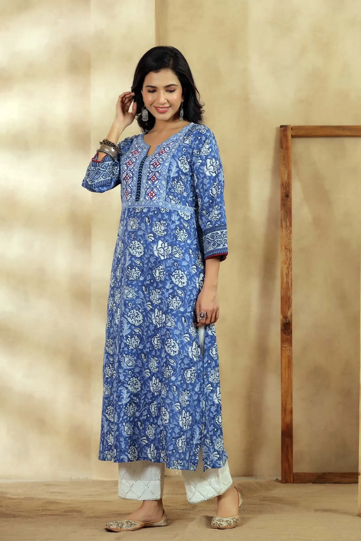 Blue A-Line Kurta In Handblock Cotton