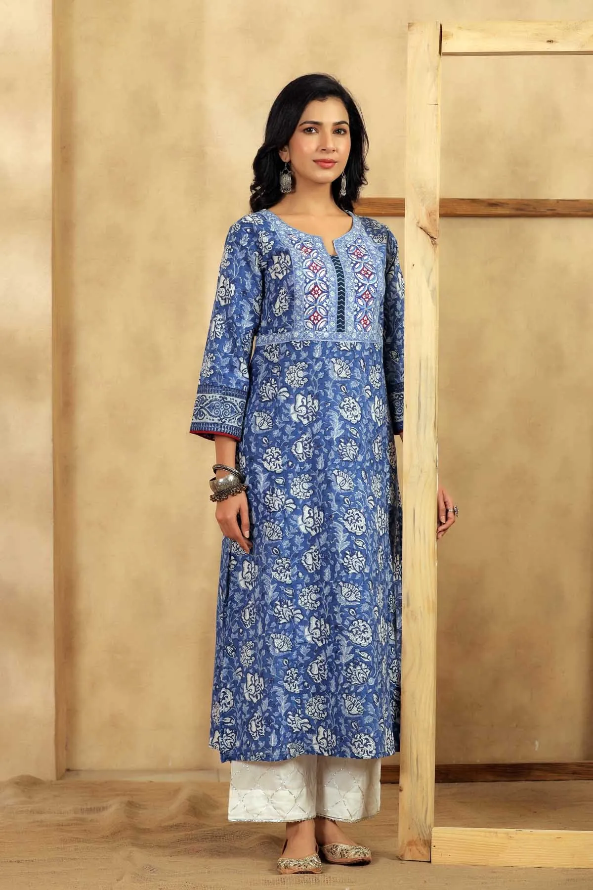 Blue A-Line Kurta In Handblock Cotton