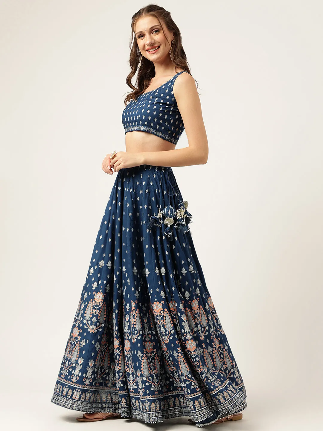 Blue Rayon Flared Lehenga Choli Set With Organza Dupatta
