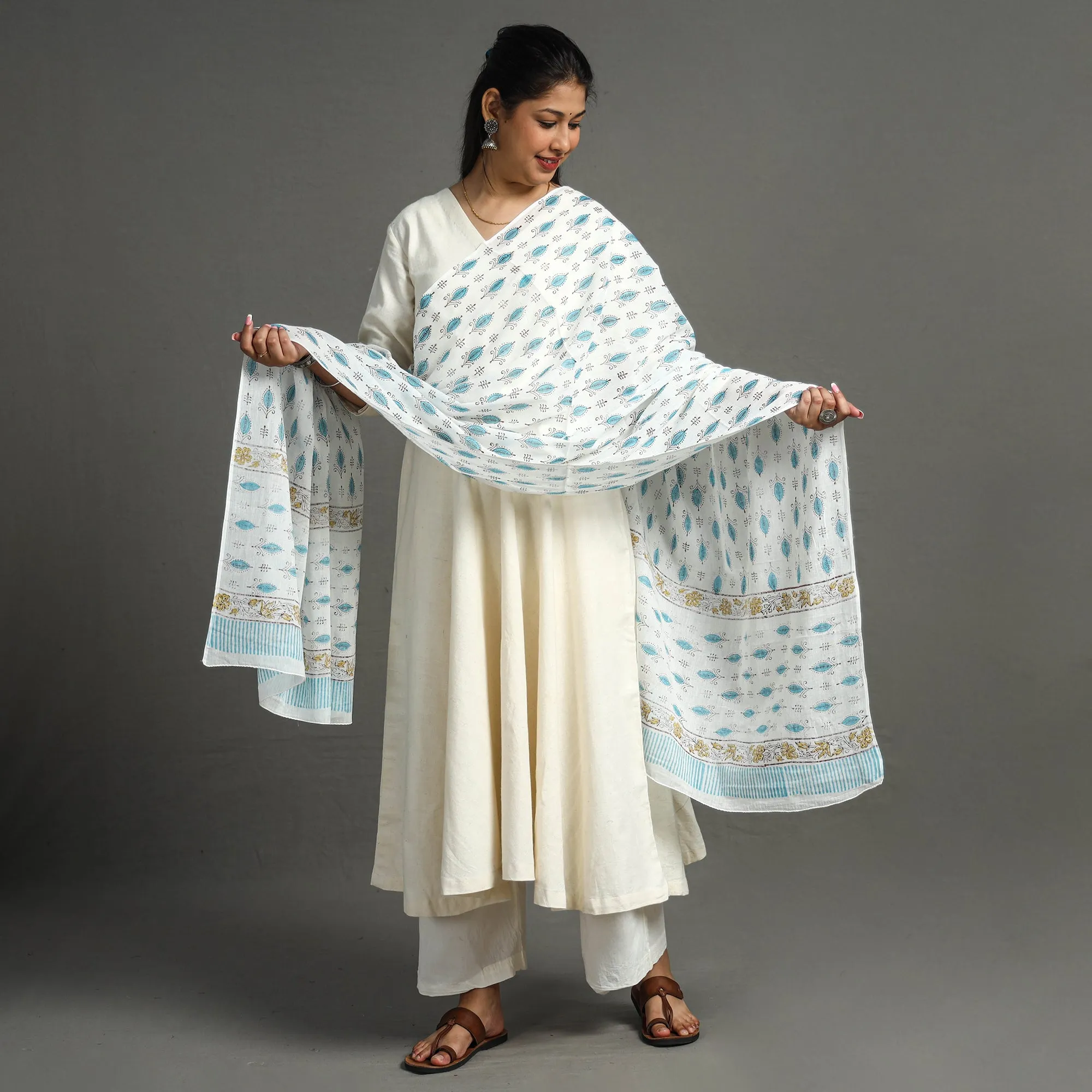 Blue - Sanganeri Block Printed Mul Cotton Dupatta 15