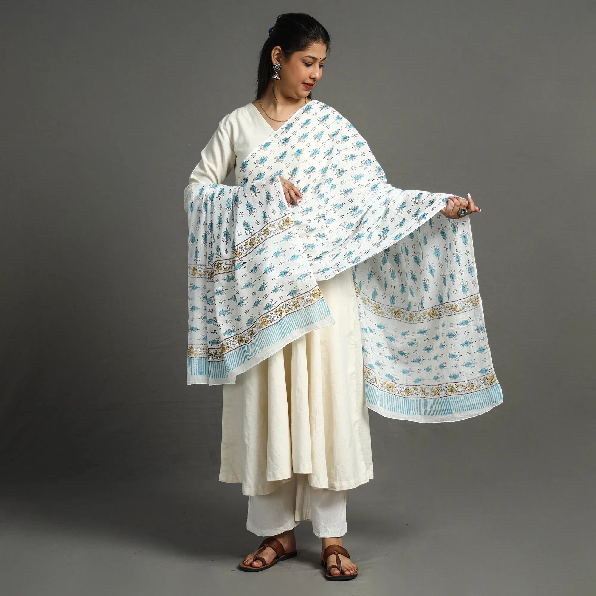 Blue - Sanganeri Block Printed Mul Cotton Dupatta 15