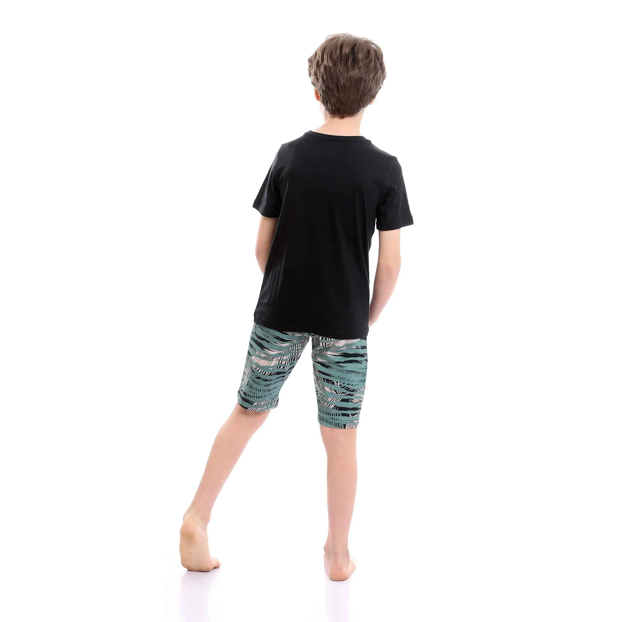 Boys Printed Colorful Summer & Shorts Pajama Set - Black & Mint Green
