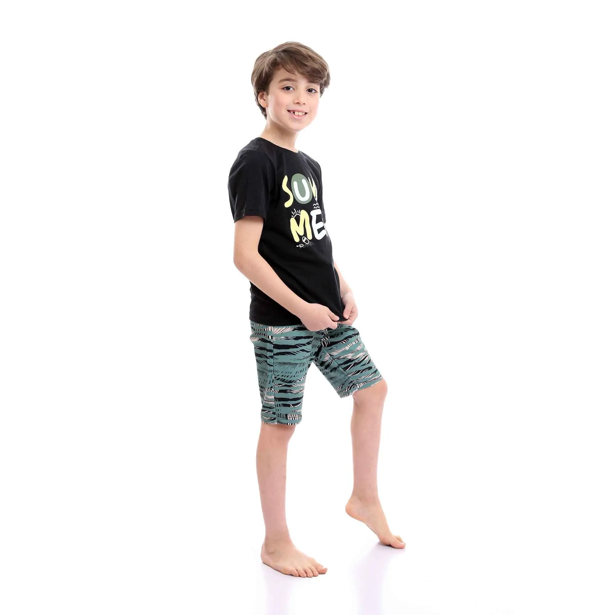Boys Printed Colorful Summer & Shorts Pajama Set - Black & Mint Green