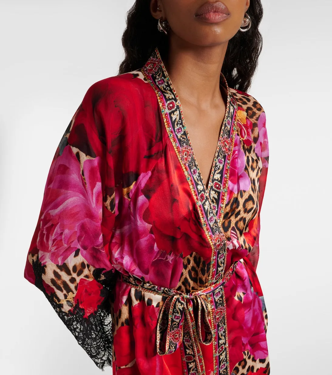 Camilla Printed Silk Cardigan with Lace Trim, Multicolor