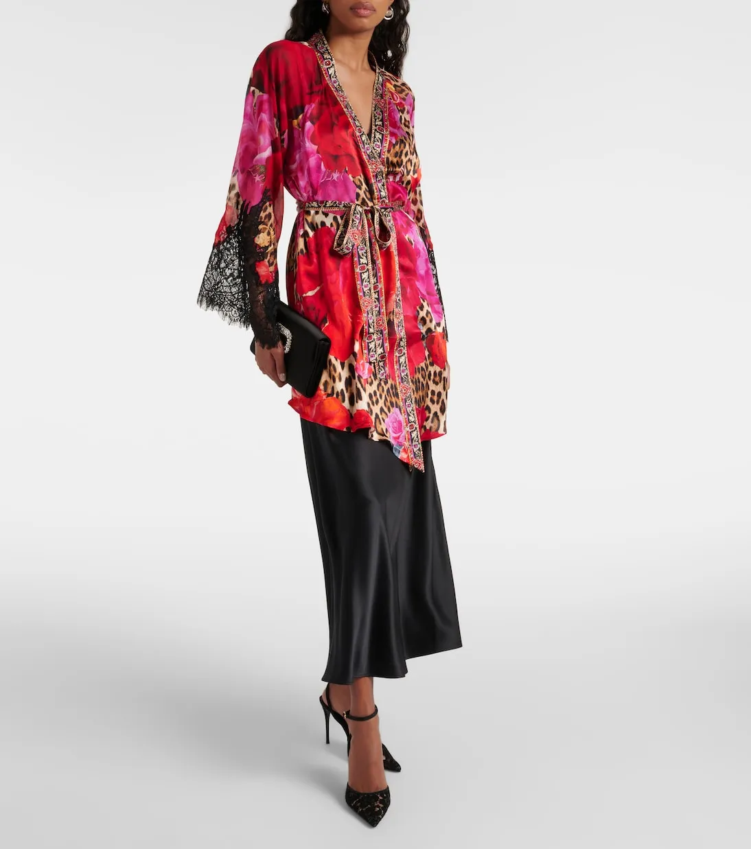 Camilla Printed Silk Cardigan with Lace Trim, Multicolor