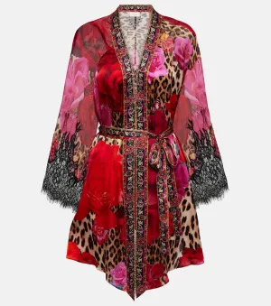 Camilla Printed Silk Cardigan with Lace Trim, Multicolor