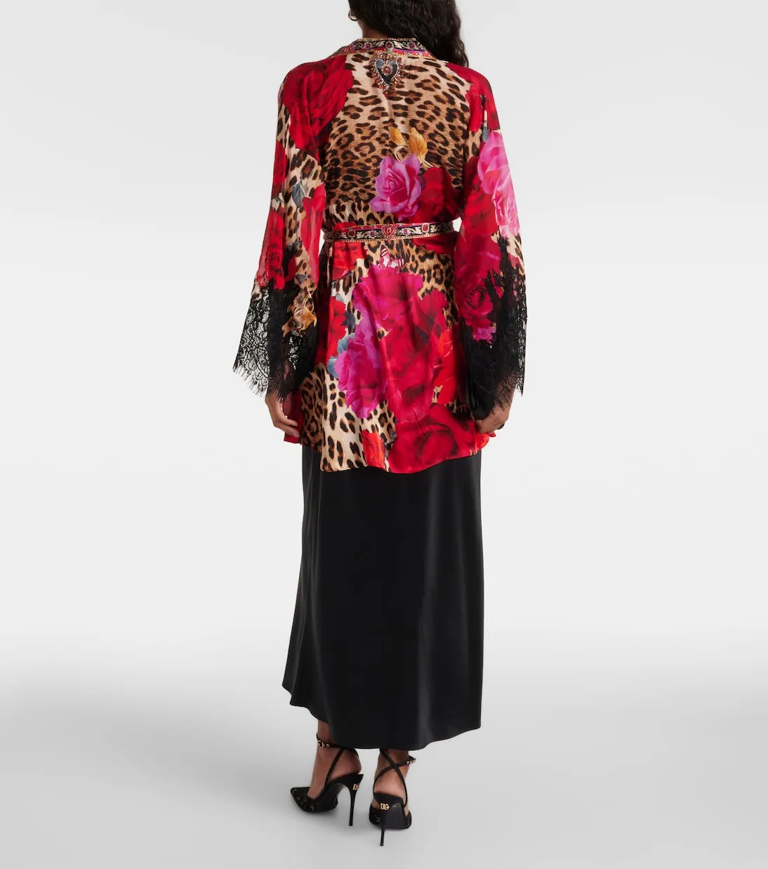 Camilla Printed Silk Cardigan with Lace Trim, Multicolor