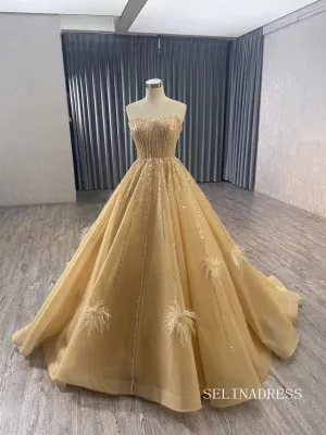 Champagne Beaded Feather Wedding Dress Removable Sleeve Quinceanera Dress 241012